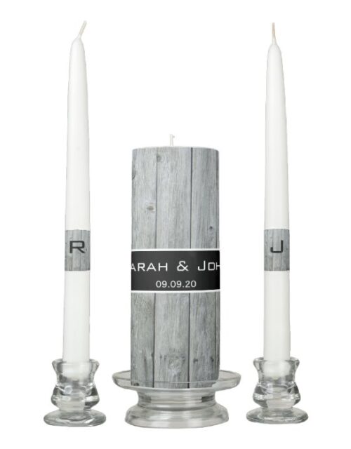 Rustic Country Barn Wood Monogram Wedding Black Unity Candle Set