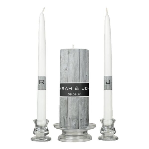 Rustic Country Barn Wood Monogram Wedding Black Unity Candle Set