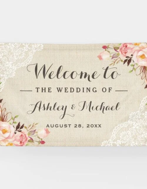 Rustic Country Burlap Lace Floral Wedding Party Banner