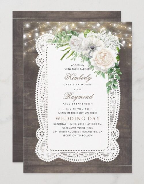Rustic Country Chic Floral String Lights Wedding Invitation