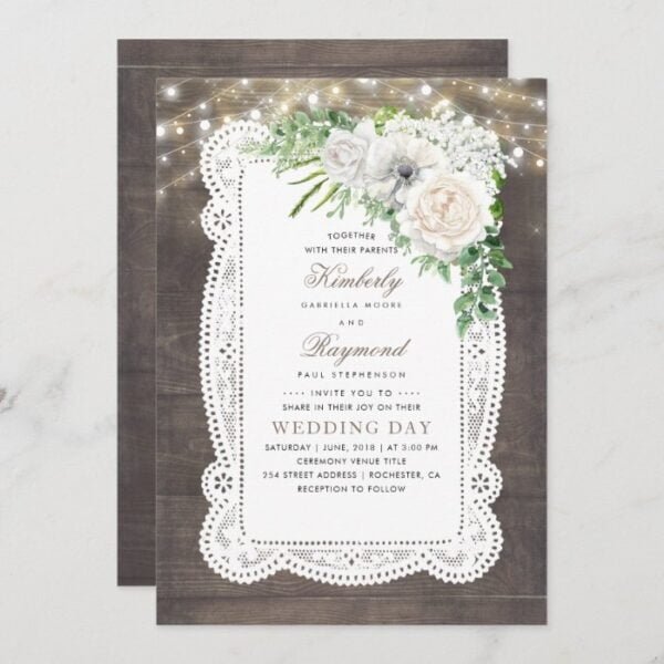 Rustic Country Chic Floral String Lights Wedding Invitation