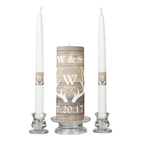 Rustic Country Farmhouse Deer Antlers Wedding Unity Candle Set