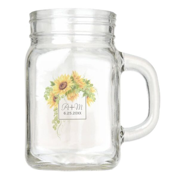 Rustic Countryside Sunflowers with Initials Mason Jar