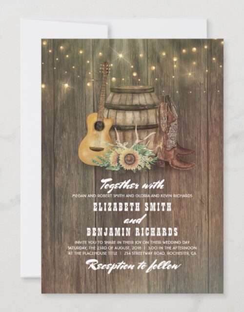 Rustic Cowboy Boots Sunflower Wine Barrel Wedding Invitation
