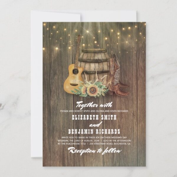 Rustic Cowboy Boots Sunflower Wine Barrel Wedding Invitation