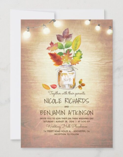 Rustic Fall Mason Jar and String Lights Wedding Invitation