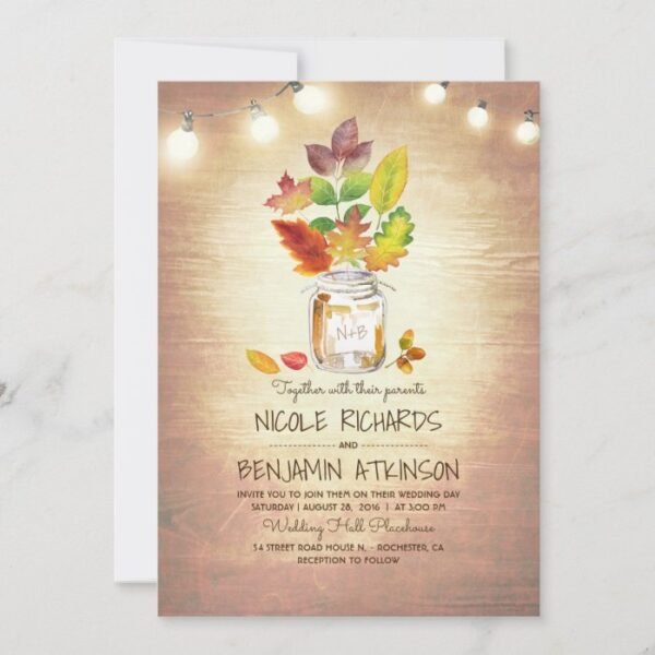 Rustic Fall Mason Jar and String Lights Wedding Invitation