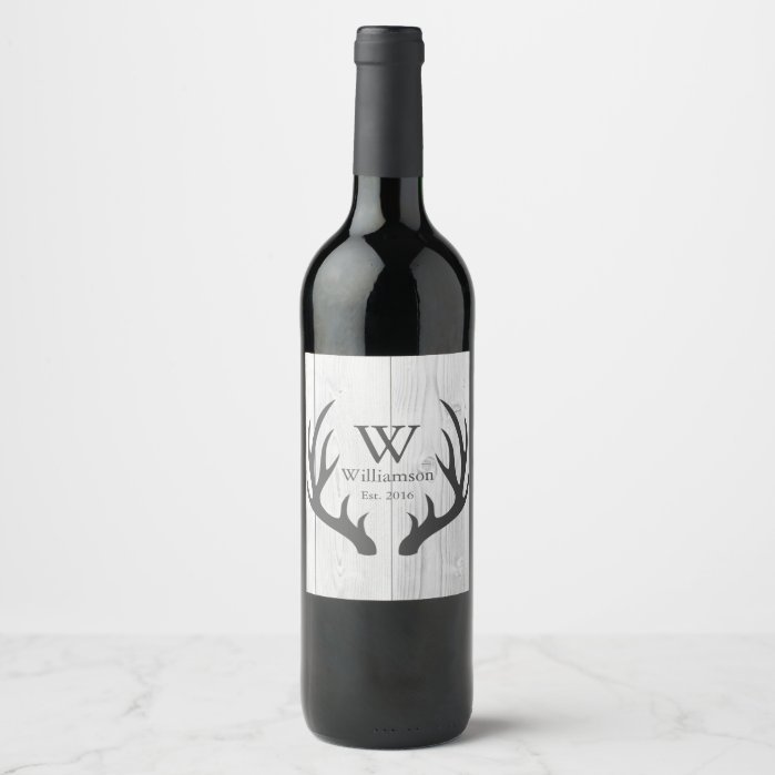 Rustic Farmhouse White Wood Gray Deer Antlers Wine Label