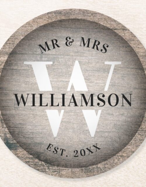 Rustic Faux Wood Wedding Monogram Initial & Name Round Paper Coaster