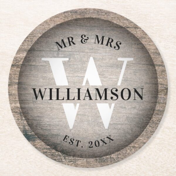 Rustic Faux Wood Wedding Monogram Initial & Name Round Paper Coaster
