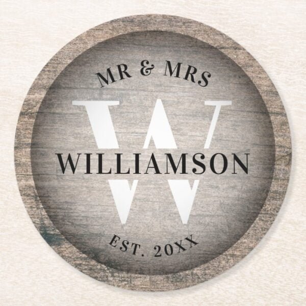 Rustic Faux Wood Wedding Monogram Initial & Name Round Paper Coaster