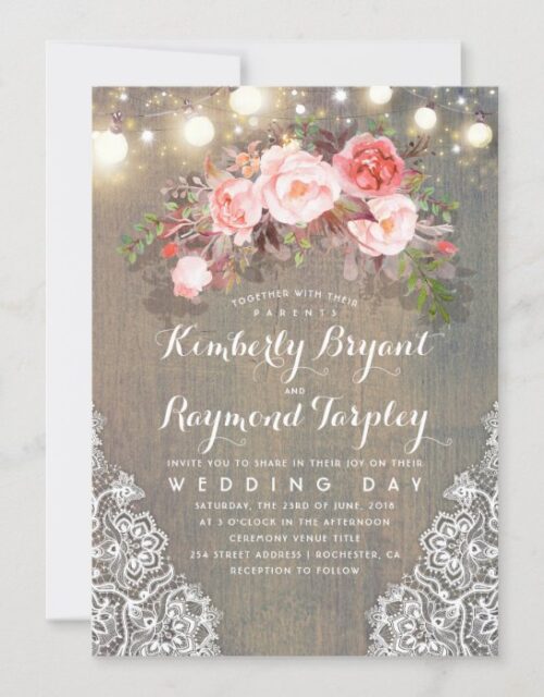 Rustic Floral Lace String Lights and Wood Wedding Invitation