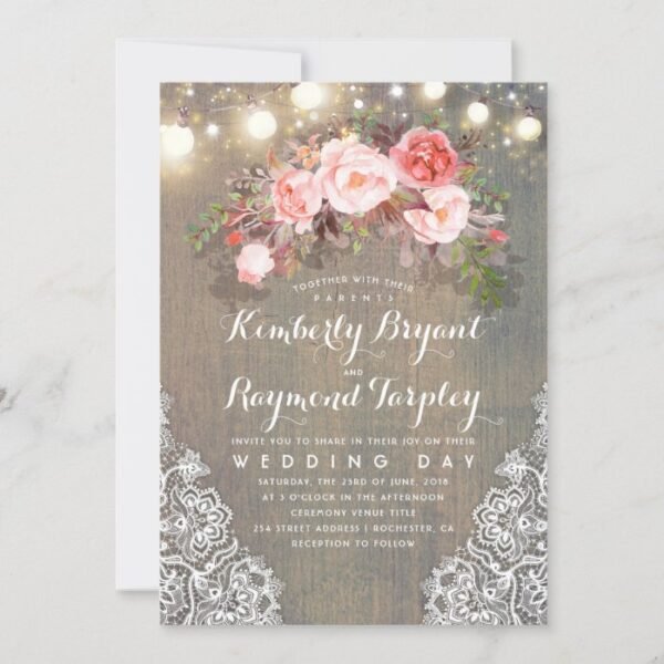 Rustic Floral Lace String Lights and Wood Wedding Invitation