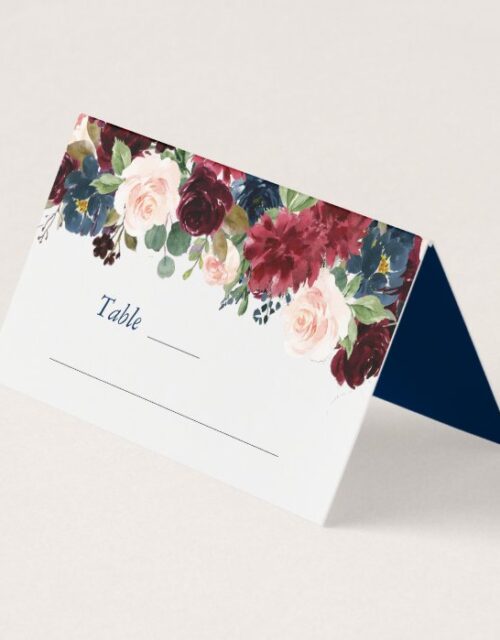 Rustic Floral | Navy Blue Burgundy Red Bouquet Place Card