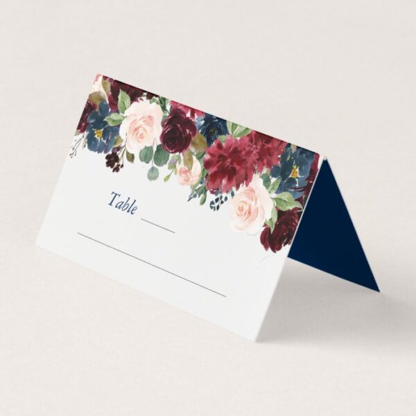 Rustic Floral | Navy Blue Burgundy Red Bouquet Place Card