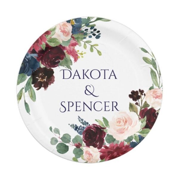 Rustic Floral | Navy Burgundy Blush Wreath Garland Paper Plate