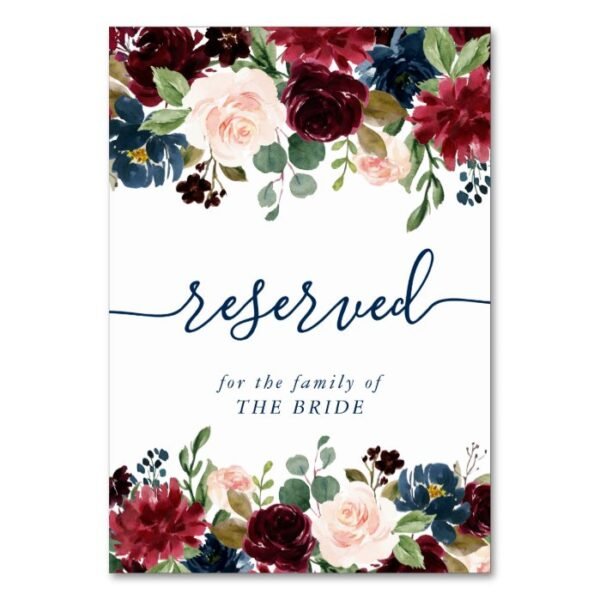 Rustic Floral | Navy Burgundy Boho Chic Reserved Table Number