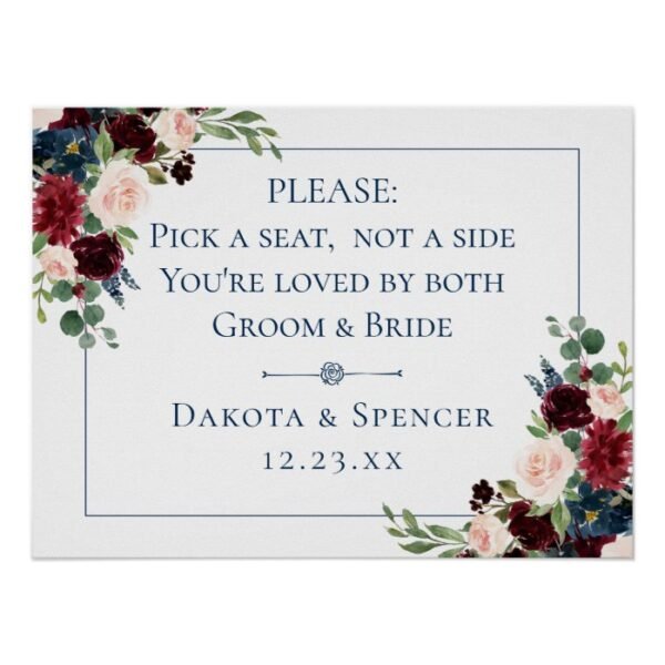 Rustic Floral | Navy Burgundy Pick a Seat Not Side Poster