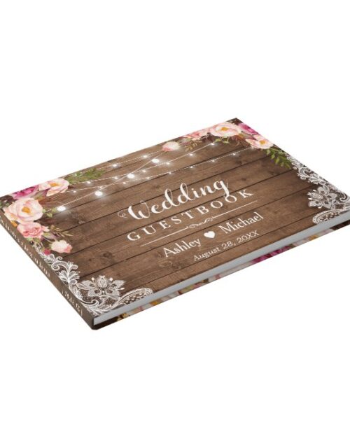 Rustic Floral String Lights Lace Wedding Guest Book