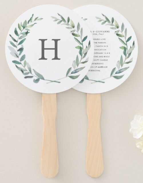 Rustic Greenery Wreath Monogram Wedding Program Hand Fan