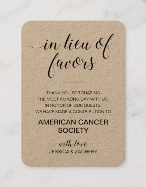 Rustic In Lieu Of Favors Charity Donation Wedding Place Card