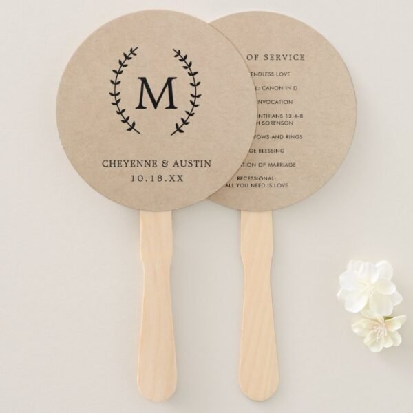 Rustic Laurel Monogram Kraft Paper Wedding Program Hand Fan