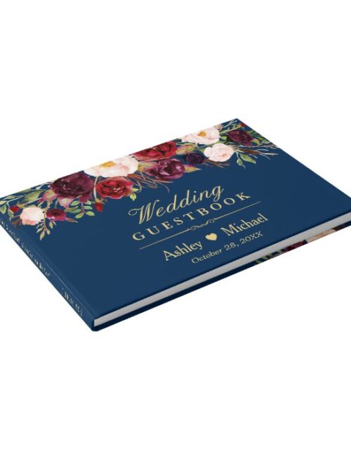 Rustic Marsala Red Floral Navy Blue Wedding Guest Book