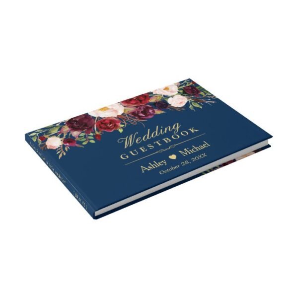 Rustic Marsala Red Floral Navy Blue Wedding Guest Book