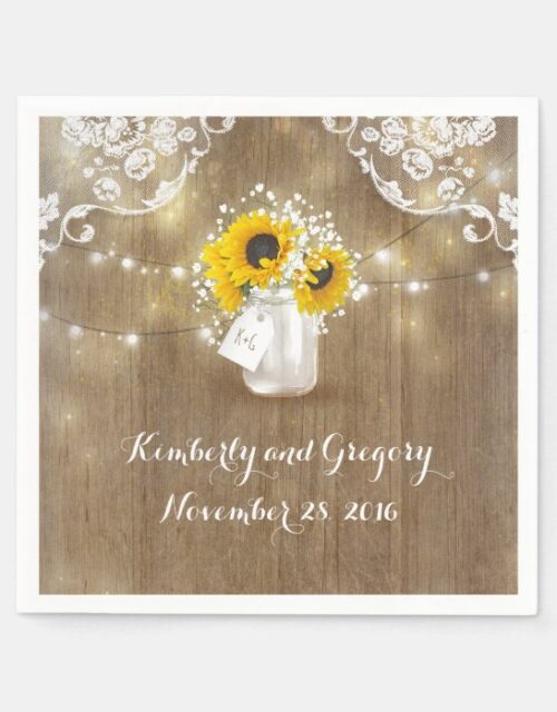 Rustic Mason Jar and Sunflowers with Baby's Breath Paper Napkins