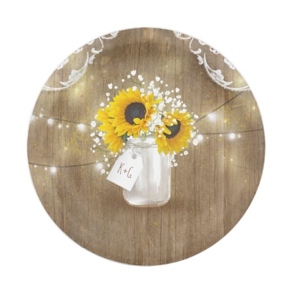 Rustic Mason Jar Baby's Breath and Sunflowers Paper Plate
