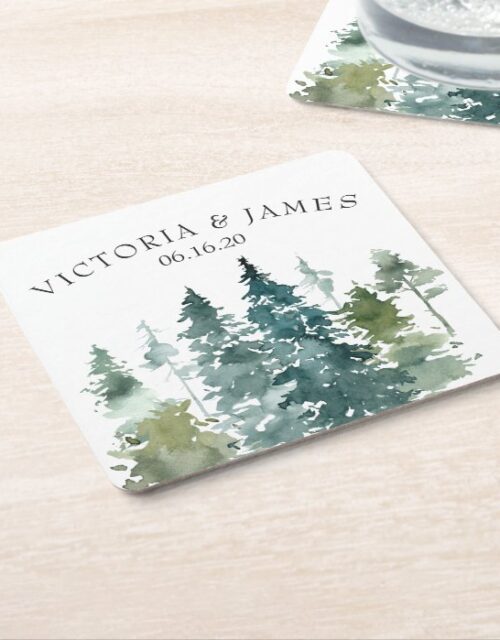 Rustic Minimalist Watercolor Pines Personalized Square Paper Coaster