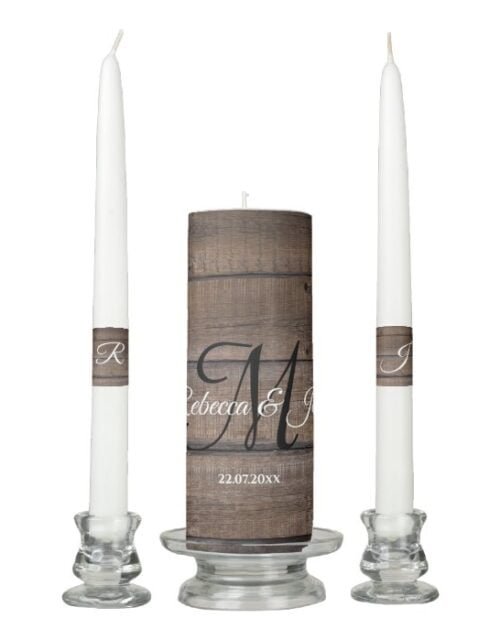 Rustic Monogram Name Date Wedding Unity Candle Set