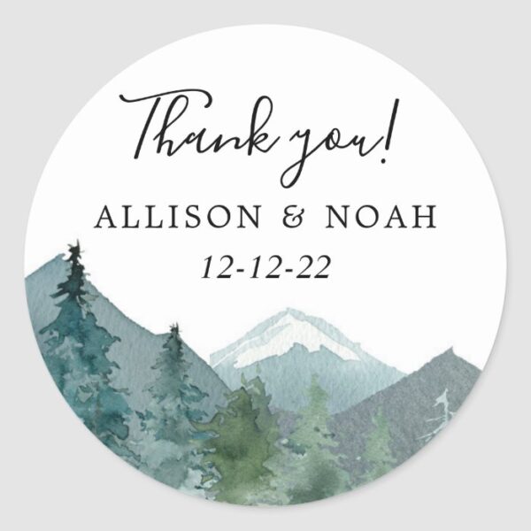 Rustic mountains outdoor theme forest woods favor classic round sticker