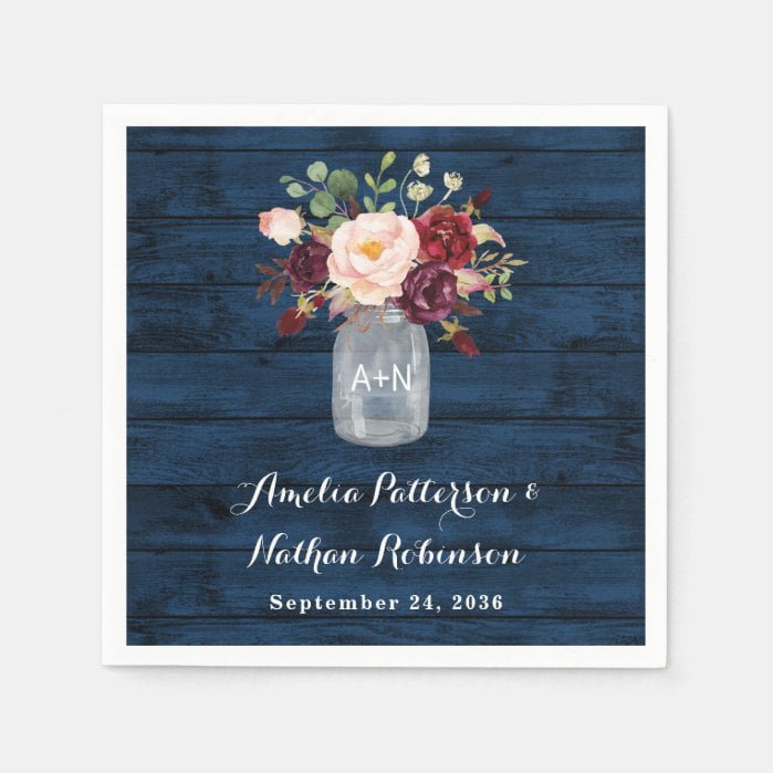 Rustic Navy Blue and Burgundy Blush Floral Wedding Napkins