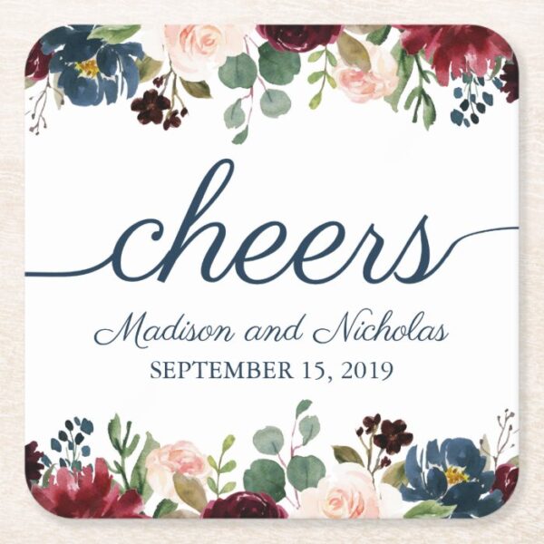 Rustic Navy Marsala Floral Wedding Paper Coasters