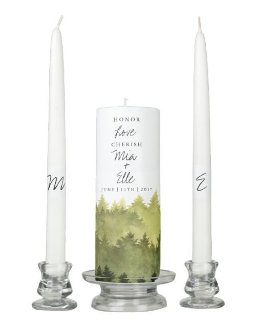 Rustic Ombre Watercolor Forest Wedding Monogram Unity Candle Set