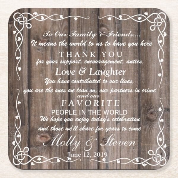 Rustic  party/wedding Thank you Square Paper Coaster