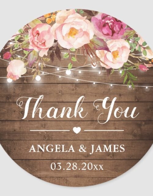 Rustic Pink Floral String Lights Wedding Thank You Classic Round Sticker