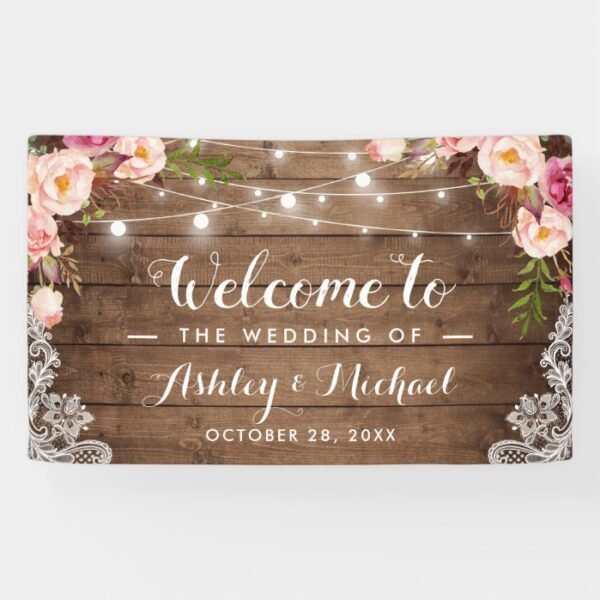 Rustic Pink Floral String Lights Welcome Wedding Banner