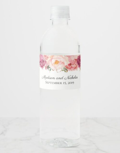 Rustic Pink Flower Wedding Water Bottle Labels