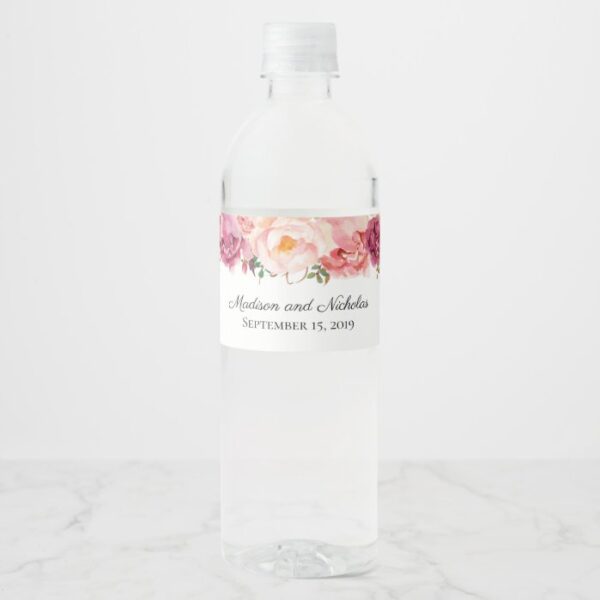 Rustic Pink Flower Wedding Water Bottle Labels
