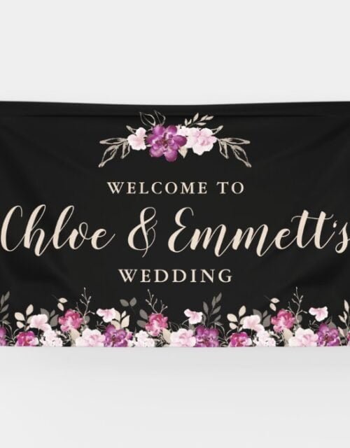 Rustic Pink Purple on Black Floral Wedding Banner