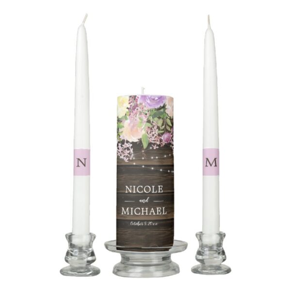 Rustic Purple Floral String Lights Wedding Unity Candle Set