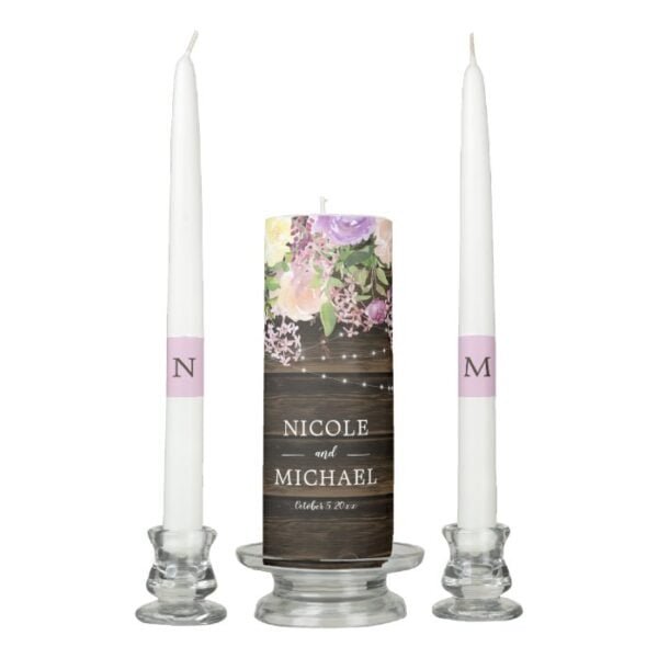 Rustic Purple Floral String Lights Wedding Unity Candle Set