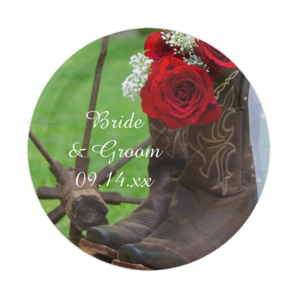 Rustic Red Roses and Cowboy Boots Western Wedding Paper Plate