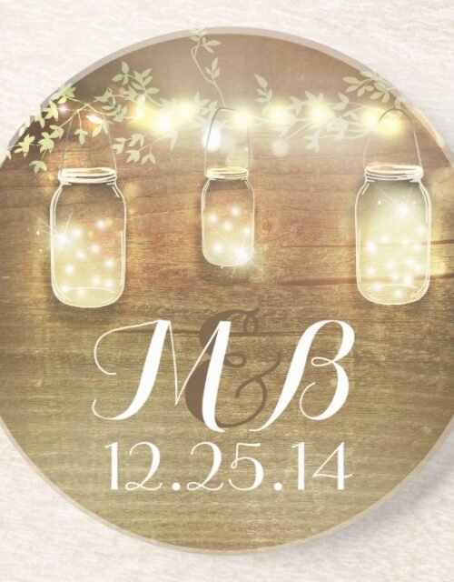 Rustic String Lights Mason Jars Wedding Sandstone Coaster