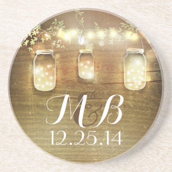 Rustic String Lights Mason Jars Wedding Sandstone Coaster