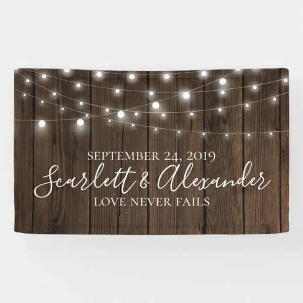 Rustic String Lights Wood Wedding Banner