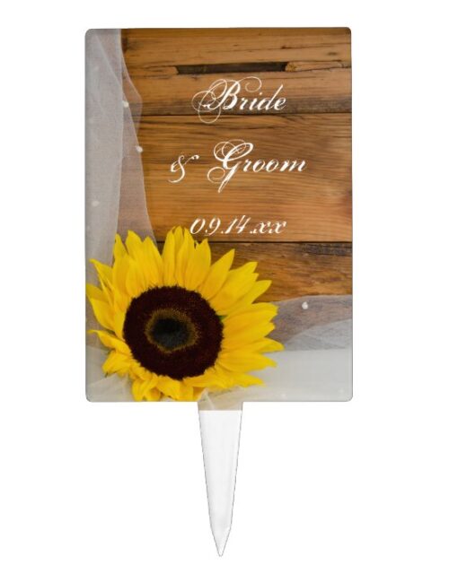 Rustic Sunflower and Veil Country Wedding Cake Topper