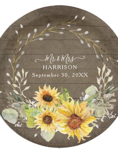 Rustic Sunflower Floral BOHO Watercolor Greenery Paper Plate